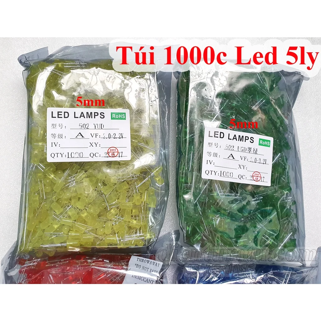 Túi Led Phủ Màu 3mm / 5mm (F3 - F5 1000con/Túi ) - Vàng , Đỏ, Xanh Lá , Xanh Dương, Trắng - Loại Tốt